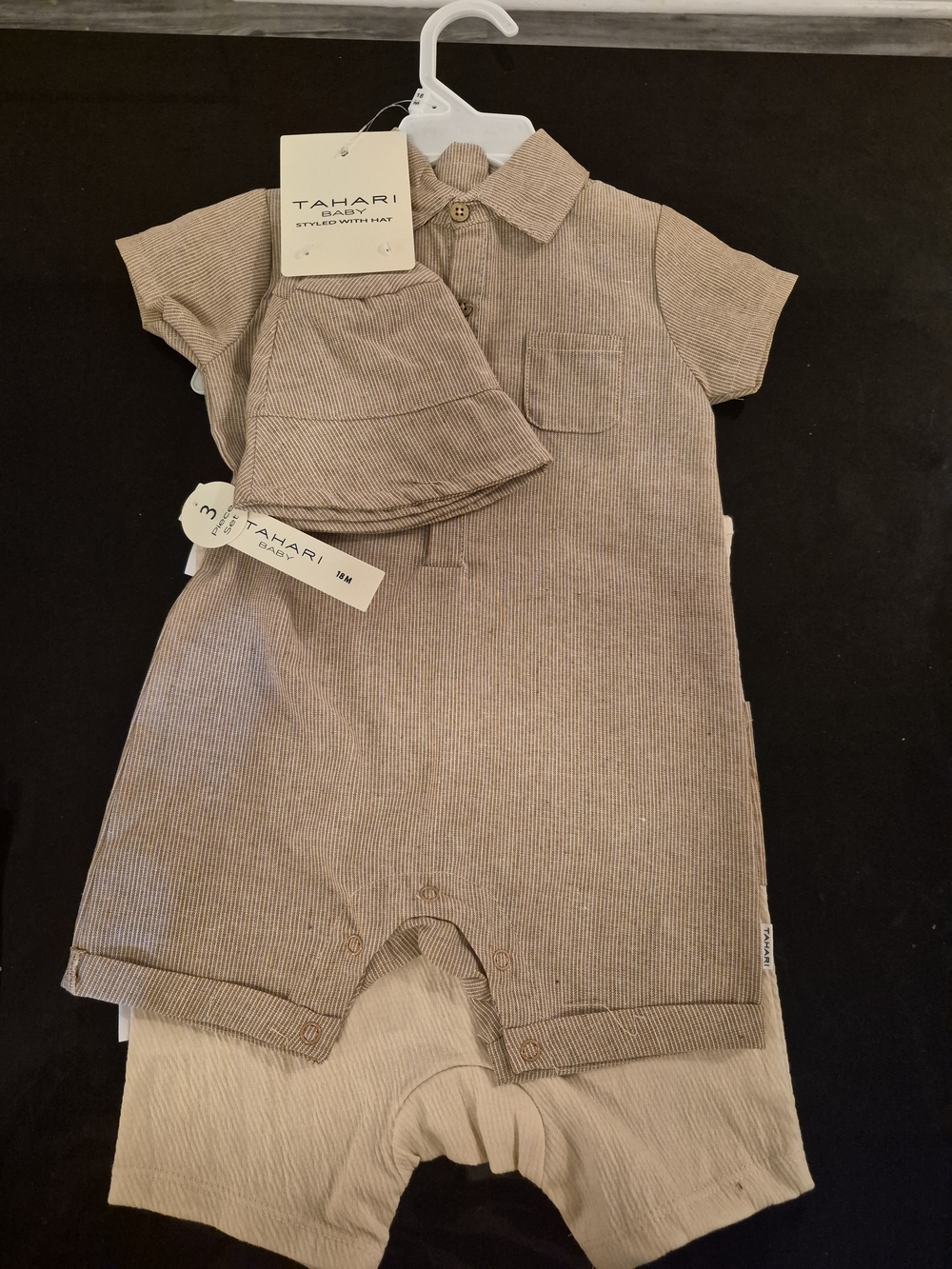 Tahari Baby Beige Short-Sleeve Romper with Hat